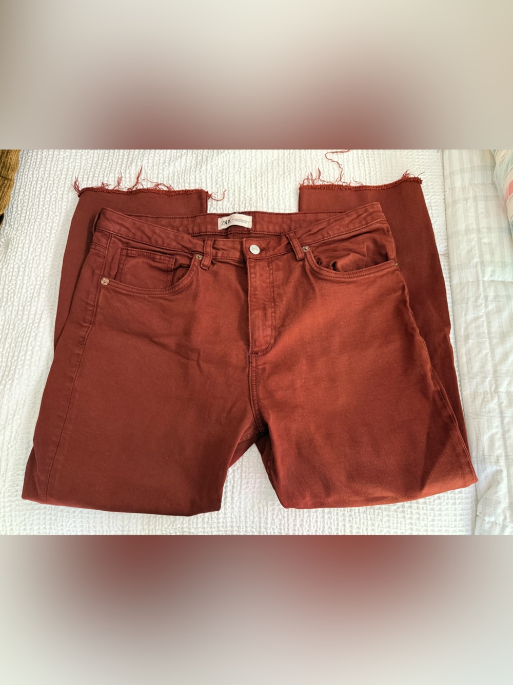 Zara Women's Jean Pant Rust Red Brown Size 14 Fall Straight Fray Raw Hem